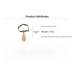 Detail view of rhinestone tie necklace in rose gold showing material specs and length