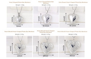 Detailed comparison of six polished heart-shaped locket pendants with floral engravings