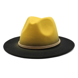 Two-tone wool fedora hat with yellow crown, black brim and gold chain decoration