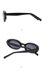Detail view of oval black sunglasses frames with side and back professional perspective
