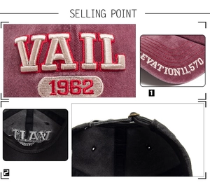 Detail of VAIL 1962 3D embroidery and elevation print on washed cotton baseball cap