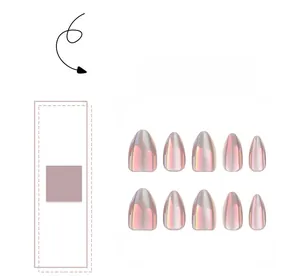 Details von kurzen mandelförmigen Aurora Katzenaugen Press-on Nails in schimmerndem Lila