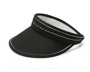 Side view detail of black open-top sun hat with white dual stripes and YSUNSHINE text