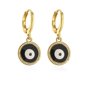 Detailed view of gold plated evil eye hoop earrings with black and white enamel charm