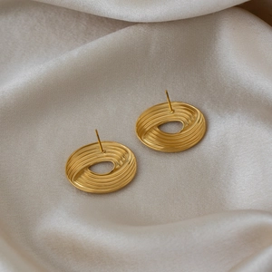 Elegant 18K gold plated oval striped earrings with textured spiral design for women
