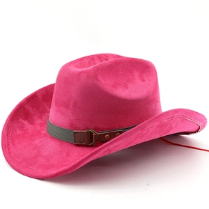 Detail of rose red suede cowboy hat with brown leather strap and metal buckle decor