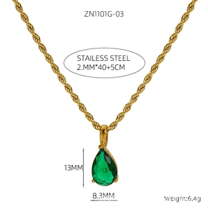 Detail showing 2mm gold-plated twist chain with 13mm pear-cut green gemstone pendant