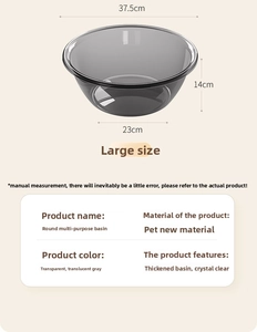 Detail view of large PET washbasin showing 37.5cm diameter and 14cm height dimensions