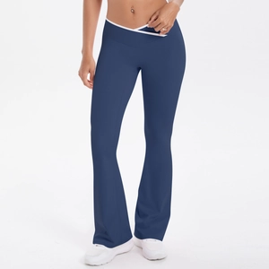 High waist crossover flare yoga pants in navy blue with white contrast trim and V-waist
