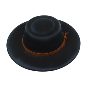 Detail view of the black felt fedora hat featuring a brown leather band and gold buckle
