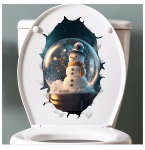 Sticker 3D effet mur brisé bonhomme de neige pour abattant WC et déco de salle de bain