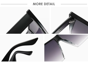 Close-up of square cat eye sunglasses showing metallic hinges and gradient lenses
