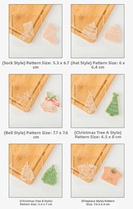 Detailed views of various Christmas cookie stamps with sizes and holiday patterns