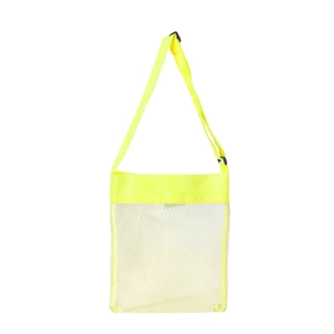 Detail of fluorescent yellow mesh beach bag with adjustable shoulder strap for kids