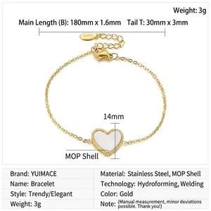 Detaillierte Maße und Materialangaben für das goldene Herz-Armband mit Muschel-Inlay