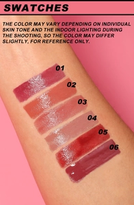 Arm swatches of six glossy liquid lip glaze shades ranging from 01 to 06