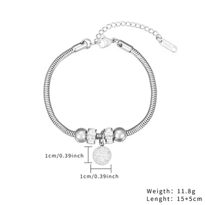 Detailed view of silver titanium steel snake chain bracelet with crystal charms and size info