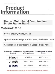 Detailed size guide for folding MDF picture frames in 6, 7, and 8 inch variants