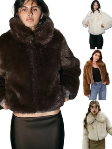 Damen Pelzimitat Mantel Kurze Jacke Reverskragen Reißverschluss Winter Warm Plüsch Synthetik Oberbekleidung Elegant