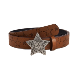 Brown textured leather star belt with vintage silver engraved star buckle on white background