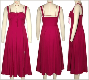 Detail of elegant dark pink slip dress featuring a pleated drawstring and side slit
