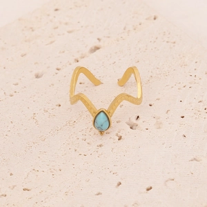 Detail of wave-textured gold open ring featuring a teardrop turquoise stone on stone background