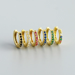 Detailed row of S925 silver huggie earrings with multi-colored cubic zirconia stones