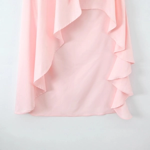 Elegant pink backless slip dress with flowing ruffled hem and side slit detail