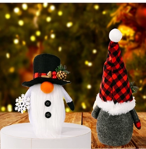 Detail of Christmas gnomes with snowman hats and plaid patterns on a festive backdrop