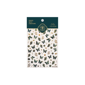 Stickers ongles luxe papillon vert et or avec motifs étoiles et cœurs modèle M-670