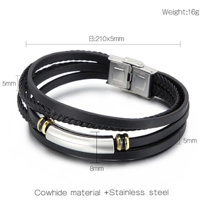 Detail of multi-layer black cowhide bracelet with stainless steel clasp and accents