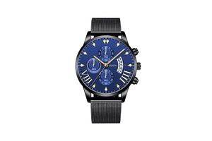 Macro view of blue dial with Roman numerals and three functional sub-dials on men's watch