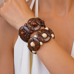 Bracelet En Écorce De Noix De Coco Et Perles De Bois Fait À La Main Ethnique Bohème Jonc Extensible Rétro Tribal
