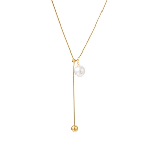 Collier élégant en Y en titane doré avec pendentif perle blanche et chaîne serpent