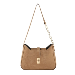 Khaki nubuck leather shoulder bag with gold chain strap and square buckle on white background