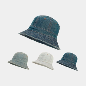 Chapeau Bob En Denim Vintage Avec Coutures Contrastées Oranges Coton Protection Solaire Bord Large Casquette Décontractée