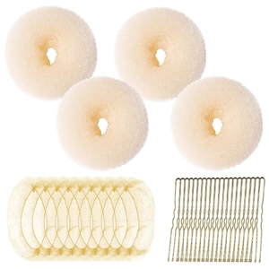 Beige hair bun maker set with sponge donuts, hair net, and golden U-shaped hairpins