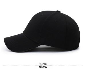 Side view of classic black baseball cap with rigid crown structure and curved brim design