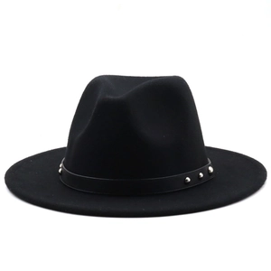 Close-up of black wool fedora featuring a decorative band with five silver metal studs