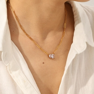 18k gold plated paperclip chain necklace with a clear rectangular zircon pendant for women