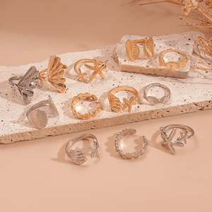 6-piece set of gold and silver starfish seashell geometric open rings for beach vacations