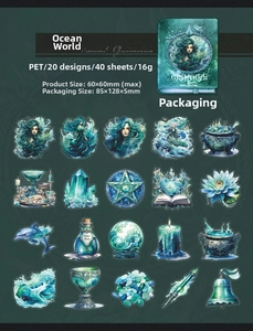 Detailed view of sea-themed PET magic stickers featuring ocean spirits and crystal patterns