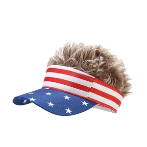 Patriotic baseball cap with brown curly wig featuring American flag stars and stripes