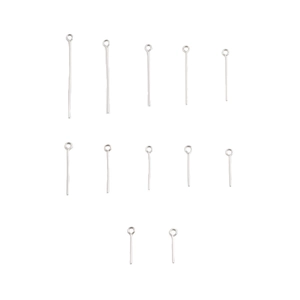 Macro display of stainless steel eye pins in various lengths for jewelry making