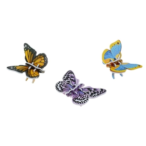 Detailed view of three 3D paper butterfly puzzles in orange, purple, and blue colors