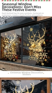 Goldene Weihnachtsaufkleber mit Rentier und Schneeflocken an einem Glas-Schaufenster Dekoration