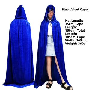 Size chart for blue velvet hooded cloak with detailed measurements and product weight