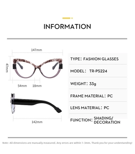 Detailed size chart for TR90 cat eye frames showing frame width and lens height