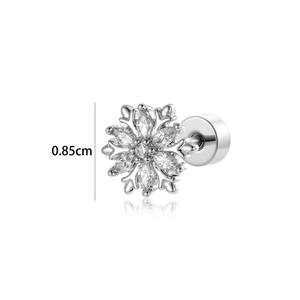 Sparkling silver snowflake ear stud with clear zircon stones and 0.85cm size dimension