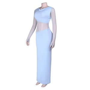 Détail de la robe bleu clair montrant des dentelles et des manches transparentes sur buste